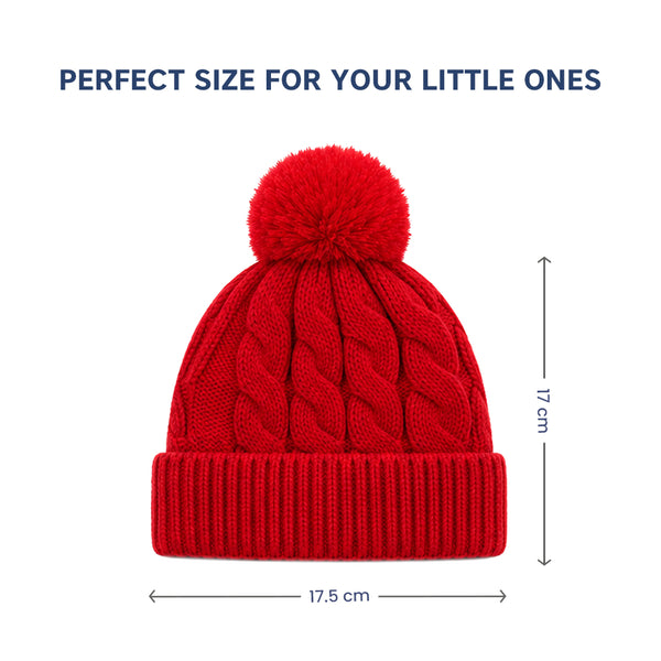 Baby Woolen Cap with Fur Lining, Cable Knit Design Warm Knitted Pom Pom Winter Beanie for Boys & Girls (1-3 Years)