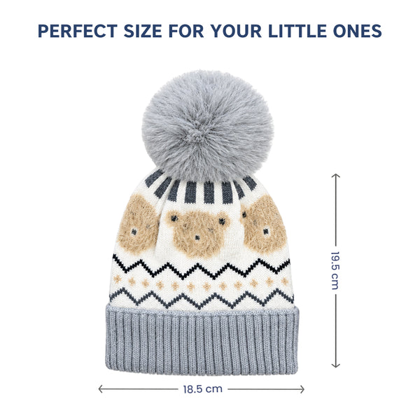 Kids Woolen Cap with Fur Lining, Fluffy Teddy Bear Design Warm Knitted Faux Fur Pom Pom Winter Beanie for Boys & Girls (3-6 Years)