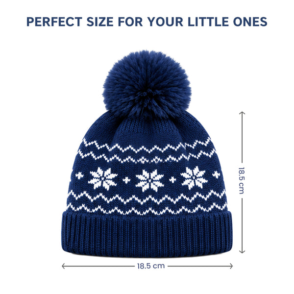 Baby Woolen Cap with Fur Lining, Snowflake Design Warm Knitted Pom Pom Winter Beanie for Boys & Girls (2-4 Years)
