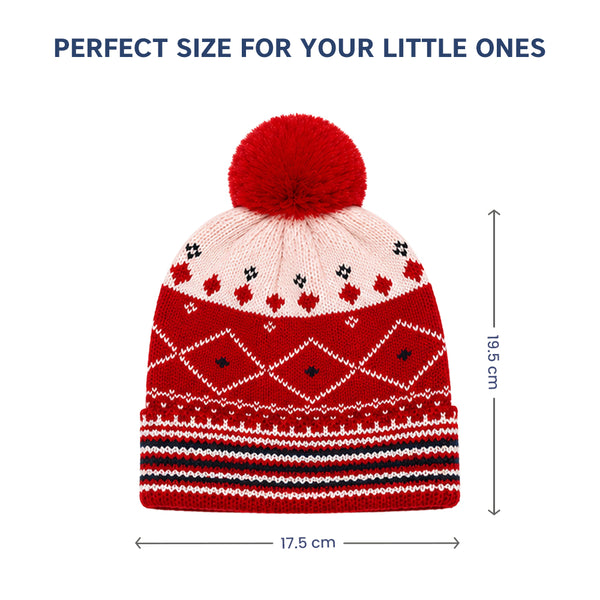 Baby Woolen Cap with Fur Lining, Diamond Design Warm Knitted Pom Pom Winter Beanie for Boys & Girls(2-4 Years)