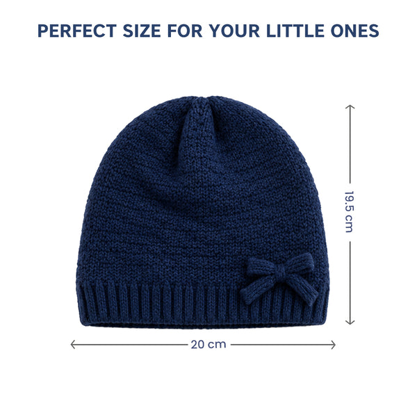 Baby Woolen Cap with Fur Lining, Bow Design Warm Knitted Winter Beanie for Boys & Girls (3-6 Years)