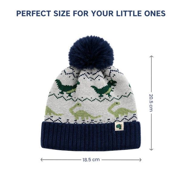 Kids Woolen Cap with Dinosaur Pattern and Soft Pom Pom, Warm Winter Beanie with Folded Cuff for Boys & Girls (3-6 Years)