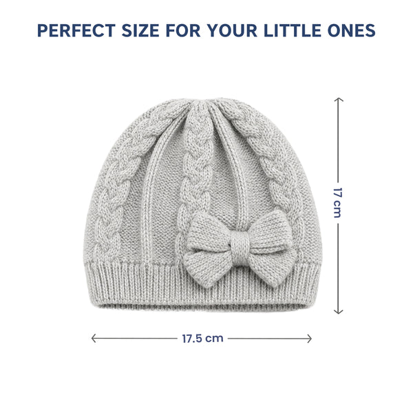 Baby Woolen Cap with Fur Lining, Cable Knit Bow Design Warm Knitted Winter Beanie for Girls & Boys (1-3 Years)