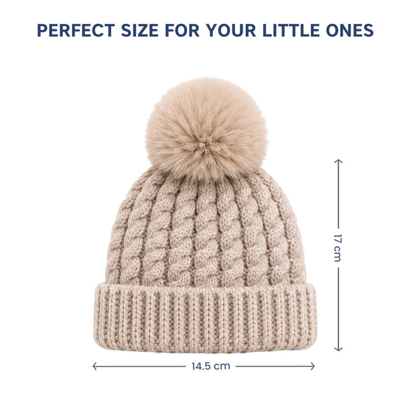Baby Woolen Cap with Fur Lining, Cable Knit Design Warm Knitted Pom Pom Winter Beanie for Boys & Girls (0-1 Years)