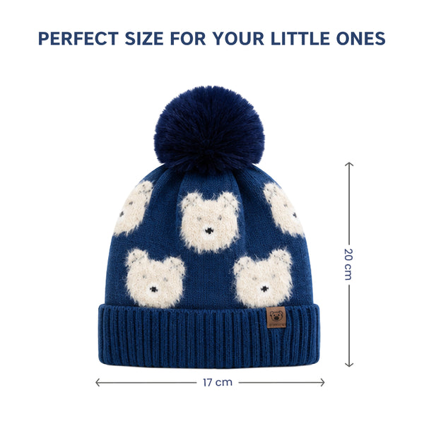 Baby Woolen Cap with Fur Lining, Teddy Bear Design Warm Knitted Pom Pom Winter Beanie for Boys & Girls (3-6 Years)