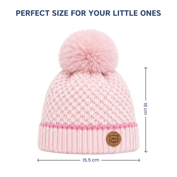 Baby Woolen Cap with Fur Lining, Textured Knit Design Warm Knitted Pom Pom Winter Beanie for Boys & Girls (1-3 Years)