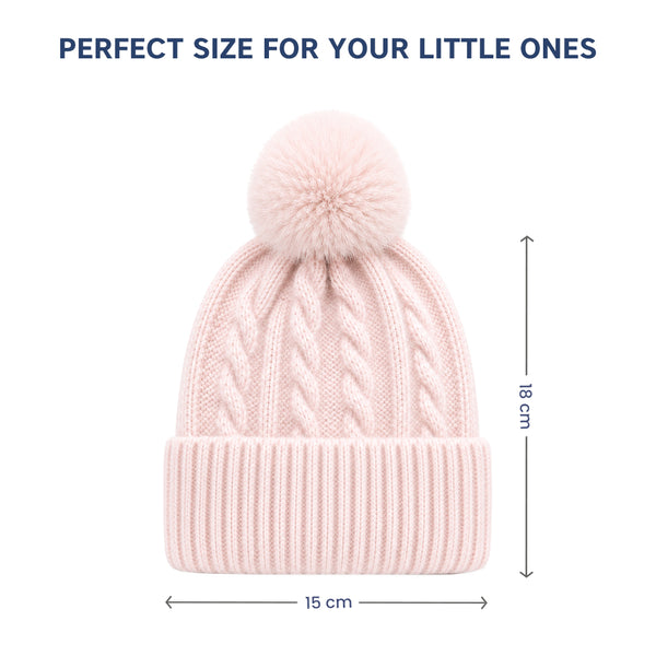Baby Woolen Cap with Fur Lining, Cable Knit Design Warm Knitted Faux Fur Pom Pom Winter Beanie for Boys & Girls (1-3 Years)