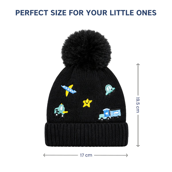 Kids Woolen Cap with Cute Vehicle Embroidery, Warm Winter Beanie with Soft Pom Pom and Ribbed Folded Cuff for Boys & Girls (3-6 Years)