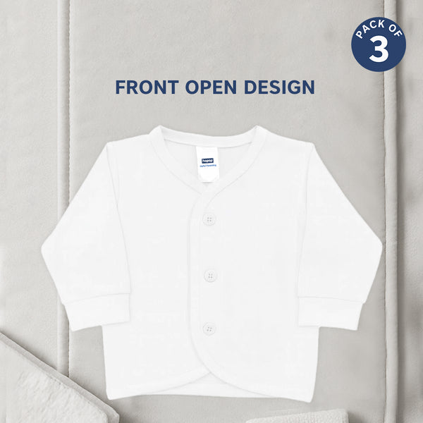 "Pack of 3 baby vests – front open full sleeve cotton vests for newborns"