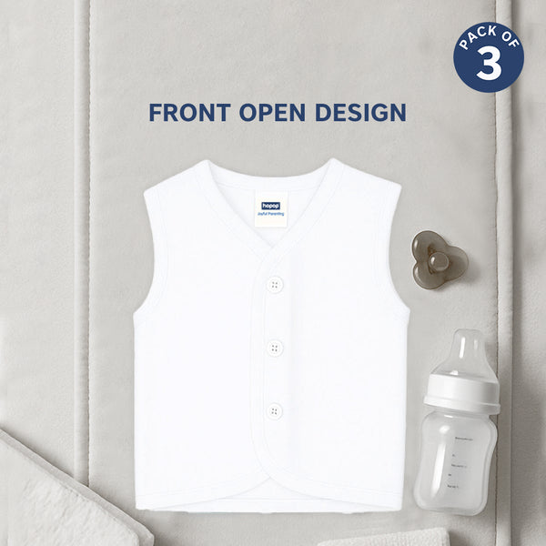 "Pack of 3 baby vests – front open sleeveless design in breathable cotton"