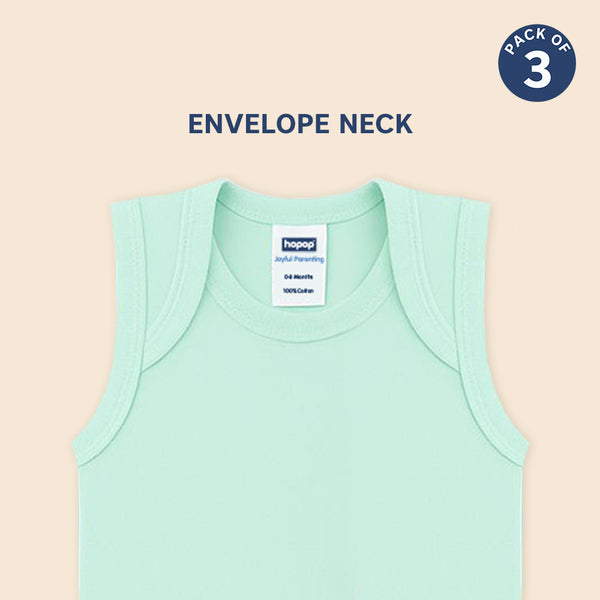 Hopop Baby Envelope Neck Sleeveless Cotton Vest Pack of 3 - Multicolor