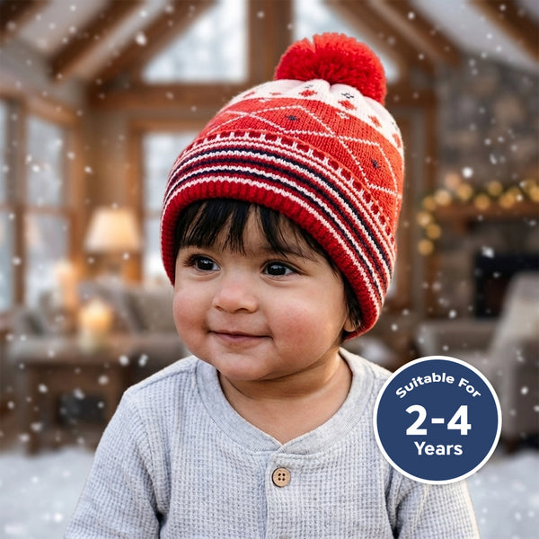 Baby Woolen Cap with Fur Lining, Diamond Design Warm Knitted Pom Pom Winter Beanie for Boys & Girls(2-4 Years)