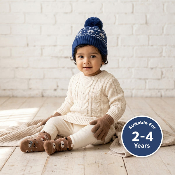 Baby Woolen Cap with Fur Lining, Snowflake Design Warm Knitted Pom Pom Winter Beanie for Boys & Girls (2-4 Years)