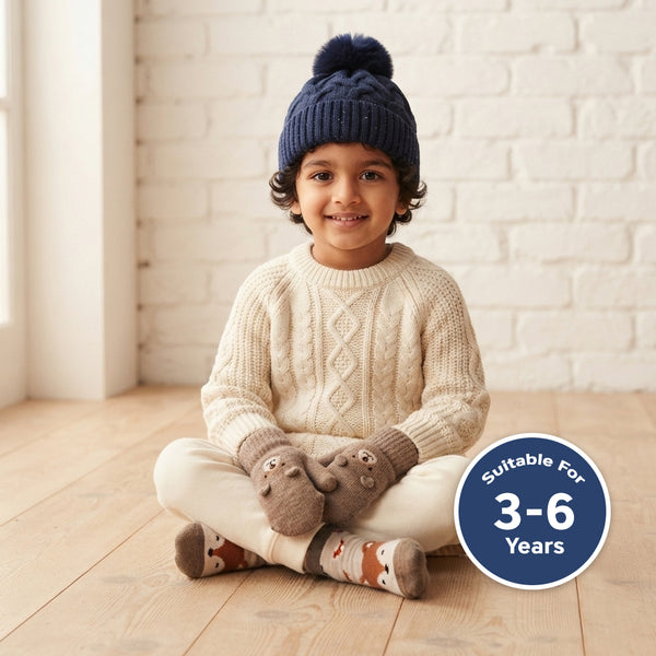Kids Woolen Cap with Textured Pattern and Soft Pom Pom, Warm Winter Beanie with Folded Cuff for Boys & Girls (3-6 Years)