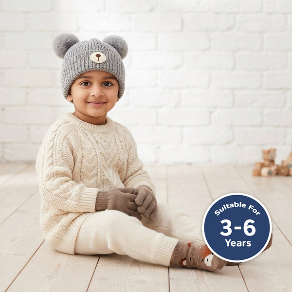 Kids Woolen Cap with Fur Lining, Bear Ears Design Warm Chunky Knit Double Pom Pom Winter Beanie for Boys & Girls (3-6 Years)