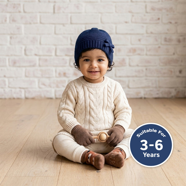Baby Woolen Cap with Fur Lining, Bow Design Warm Knitted Winter Beanie for Boys & Girls (3-6 Years)