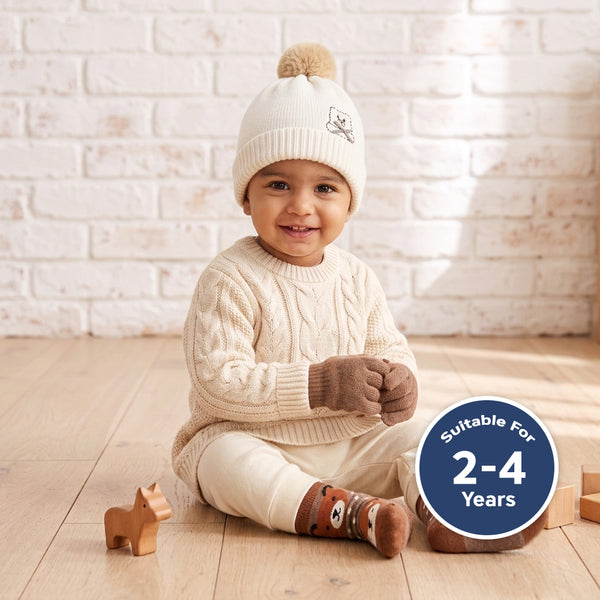 Baby Woolen Cap with Fur Lining, Embroidered Teddy Bear Design Warm Knitted Winter Beanie for Boys & Girls (2-4 Years)