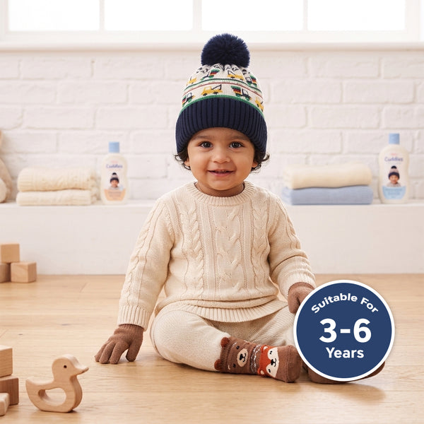 Baby Woolen Cap with Fur Lining, Truck Design Warm Knitted Faux Fur Pom Pom Winter Beanie for Boys & Girls (3-6 Years)