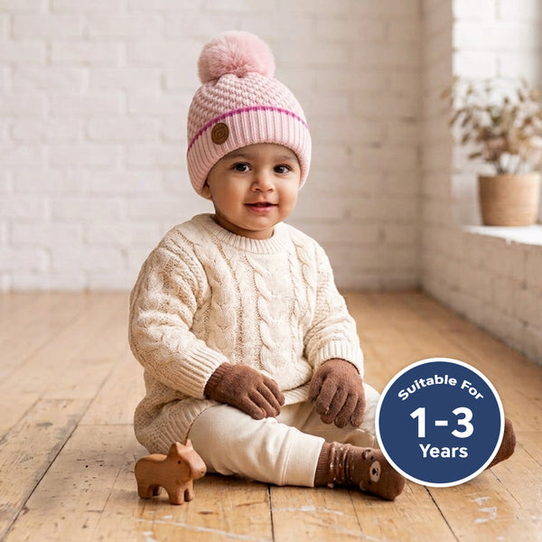 Baby Woolen Cap with Fur Lining, Textured Knit Design Warm Knitted Pom Pom Winter Beanie for Boys & Girls (1-3 Years)