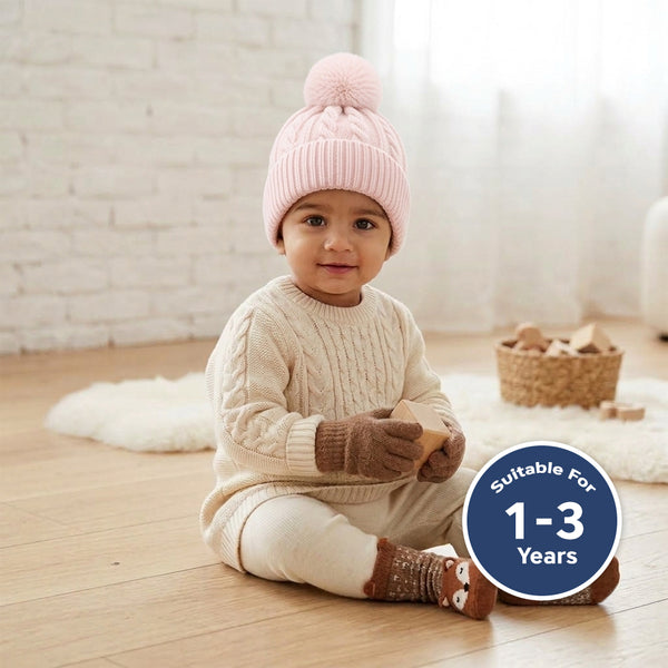 Baby Woolen Cap with Fur Lining, Cable Knit Design Warm Knitted Faux Fur Pom Pom Winter Beanie for Boys & Girls (1-3 Years)