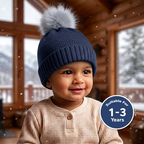 Baby Woolen Cap with Fur Lining, Star Design Warm Knitted Pom Pom Winter Beanie for Boys & Girls (1-3 Years)