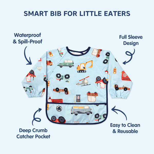 Waterproof Full Sleeve Baby Bib with Food Catcher Pocket – Apron Style