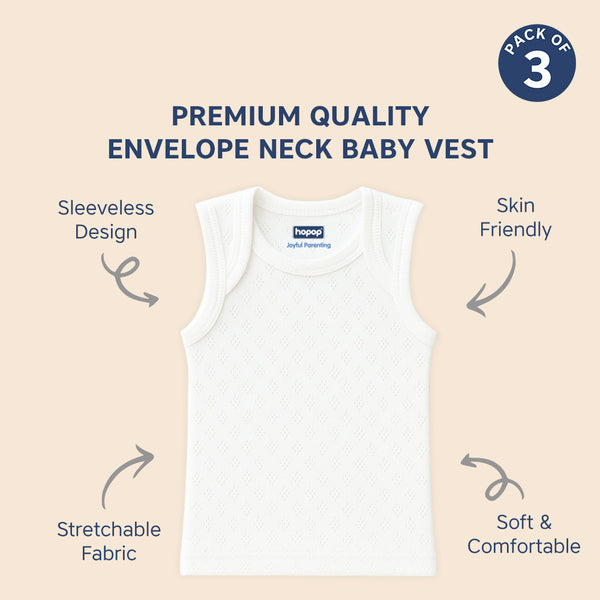 Baby Envelope Neck Sleeveless Solid Patterned Vest – Pack of 3
