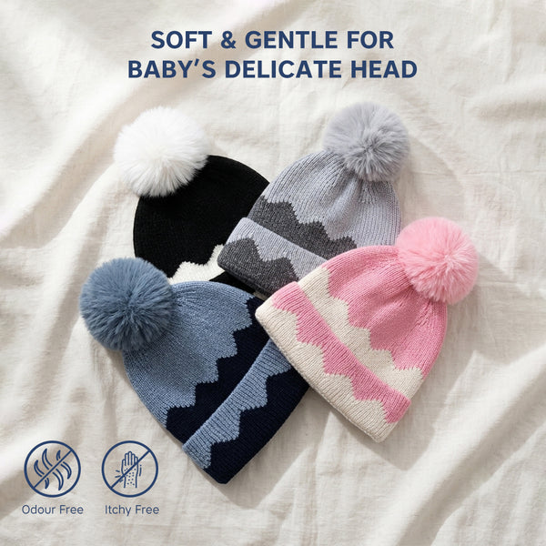 Baby Woolen Cap with Fur Lining, Zigzag Design Warm Knitted Faux Fur Pom Pom Winter Beanie for Boys & Girls (2-4 Years)
