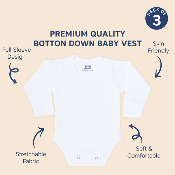 Hopop Baby Cotton Round Neck Full Sleeve Romper Pack of 3 - White