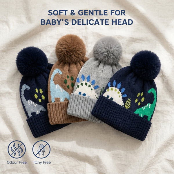 Kids Woolen Cap with Fur Lining, Dinosaur Design Warm Knitted Faux Fur Pom Pom Winter Beanie for Boys & Girls (3-6 Years)