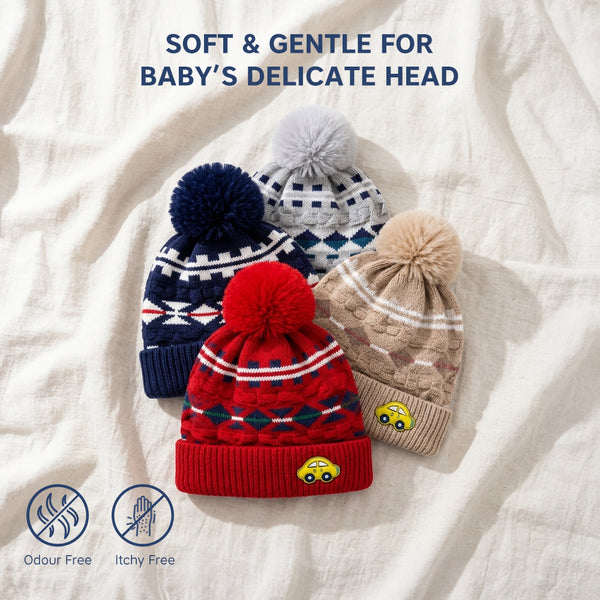 Baby Woolen Cap with Fur Lining, Car Patch Design Warm Knitted Pom Pom Winter Beanie for Boys & Girls (1-3 Years)
