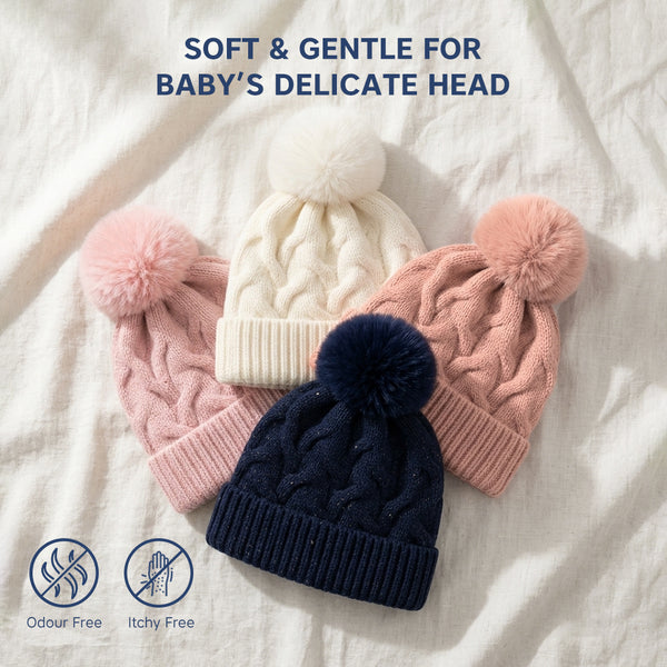 Kids Woolen Cap with Textured Pattern and Soft Pom Pom, Warm Winter Beanie with Folded Cuff for Boys & Girls (3-6 Years)