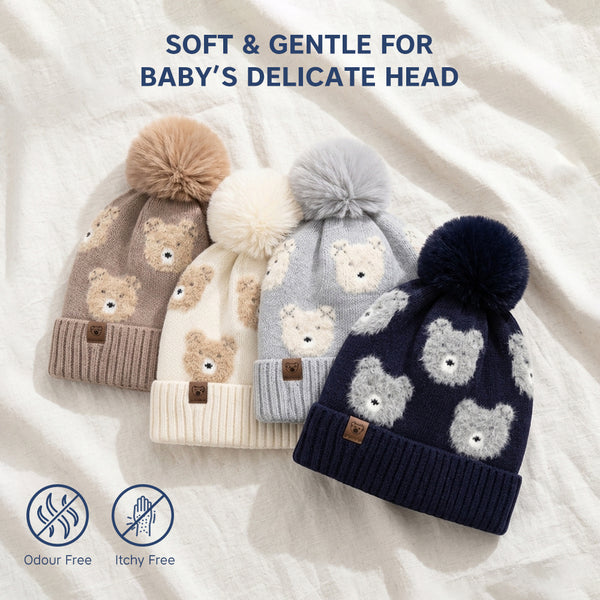 Baby Woolen Cap with Fur Lining, Teddy Bear Design Warm Knitted Pom Pom Winter Beanie for Boys & Girls (3-6 Years)