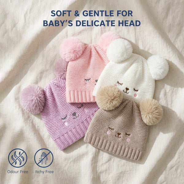 Kids Woolen Cap with Cute Bear Face, Warm Winter Beanie with Double Pom Poms and Ribbed Folded Cuff for Girls (2–4 Years)