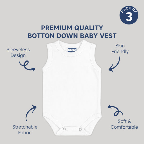 "Pack of 3 baby sleeveless rompers – round neck cotton design for comfort"