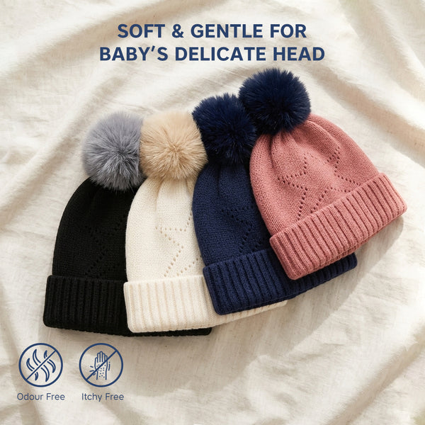 Baby Woolen Cap with Fur Lining, Star Design Warm Knitted Pom Pom Winter Beanie for Boys & Girls (1-3 Years)