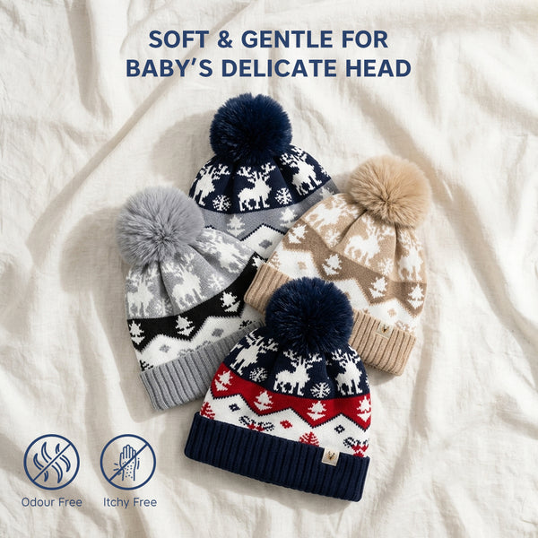 Baby Woolen Cap with Fur Lining, Reindeer Design Warm Knitted Pom Pom Winter Beanie for Boys & Girls (2-4 Years)