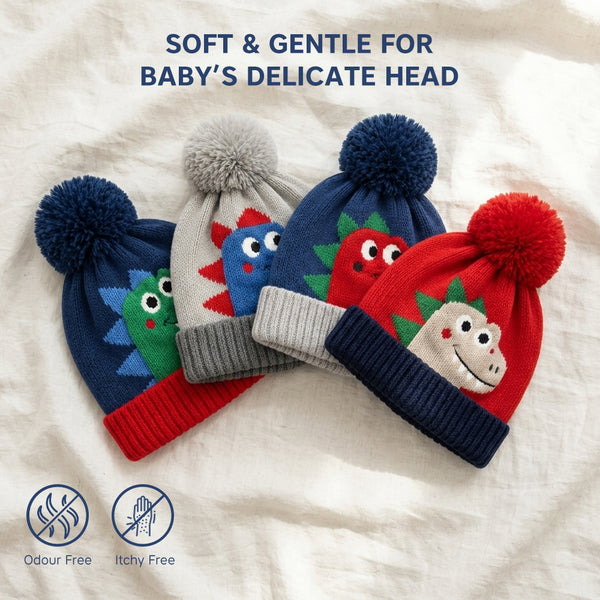 Baby Woolen Cap with Fur Lining, Cute Dinosaur Face Design Warm Knitted Pom Pom Winter Beanie for Boys & Girls (2-4 Years)