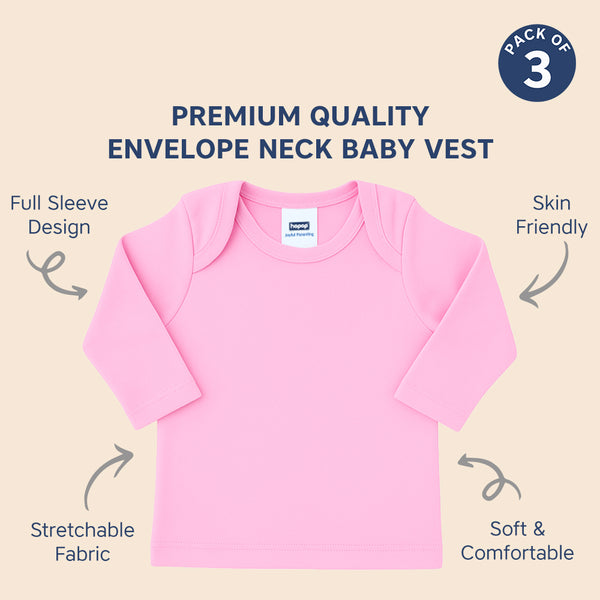 Hopop Baby Envelope Neck Full Sleeve Cotton Vest Pack of 3 - Multicolor