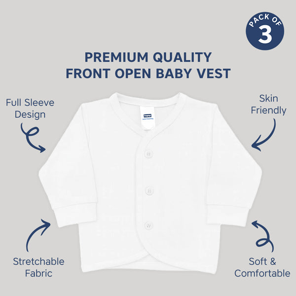 "Baby full sleeve cotton vest set – pack of 3 front open vests for comfort"