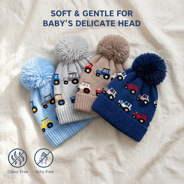 Baby Woolen Cap with Fur Lining, Tractor Design Warm Knitted Faux Fur Pom Pom Winter Beanie for Boys & Girls (3-6 Years)