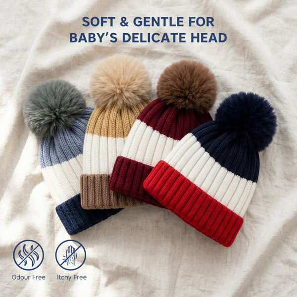 Baby Woolen Cap with Fur Lining, Colour Block Design Warm Ribbed Knit Faux Fur Pom Pom Winter Beanie for Boys & Girls (3-6 Years)