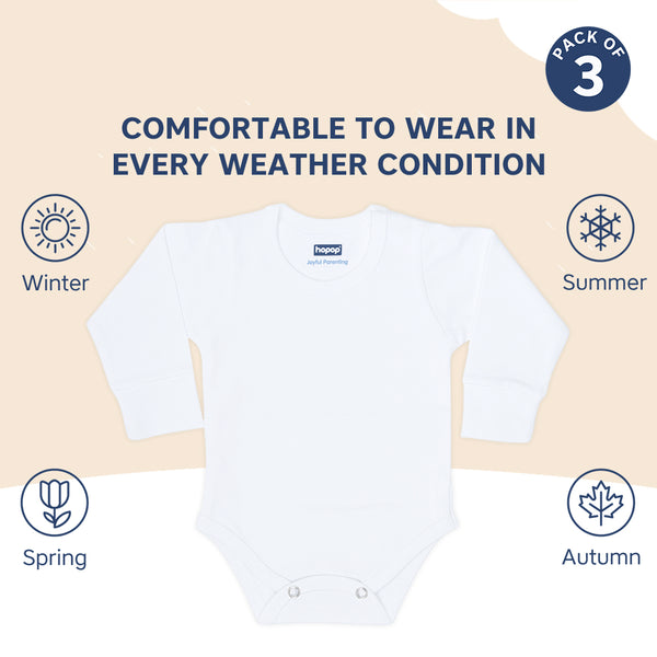 Hopop Baby Cotton Round Neck Full Sleeve Romper Pack of 3 - White