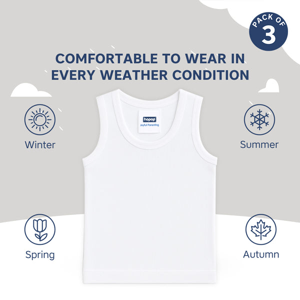 "Pack of 3 baby vests – round neck sleeveless design in breathable cotton"