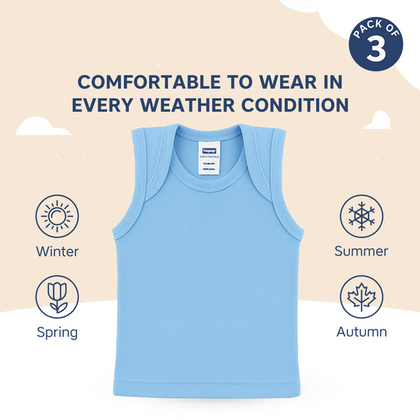 Baby Envelope Neck Sleeveless Vest – Pack of 3, Soft Cotton, Multicolor