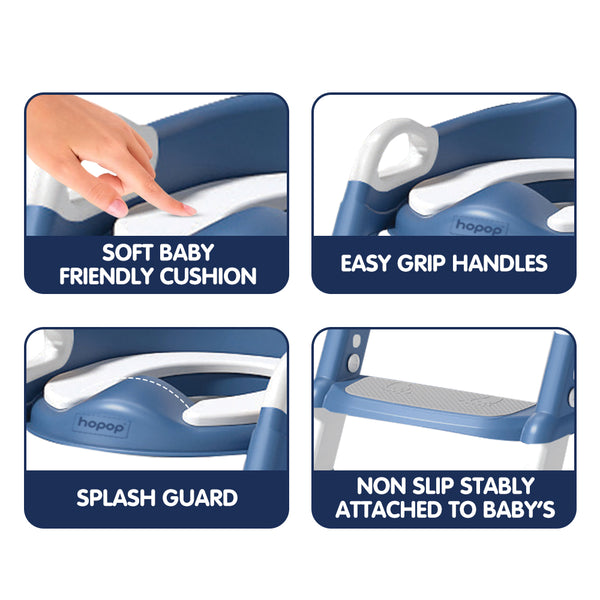 Toddler using potty training seat with ladder