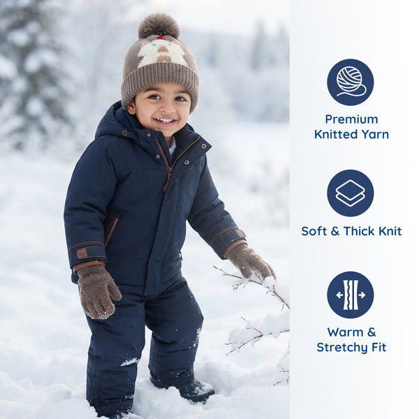Kids Woolen Cap with Cute Bear Design, Warm Winter Beanie with Soft Pom Pom and Ribbed Folded Cuff for Boys & Girls (3-6 Years)