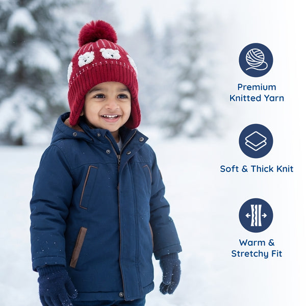 Kids Woolen Cap with Cute Bear Pattern, Warm Winter Beanie with Earflap Design, Soft Pom Pom and Ribbed Cuff for Boys & Girls (3-6 Years)