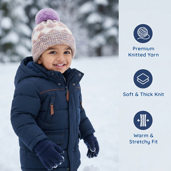 Kids Woolen Cap with Geometric Pattern and Soft Pom Pom, Warm Winter Beanie with Ribbed Folded Cuff for Boys & Girls (3-6 Years)