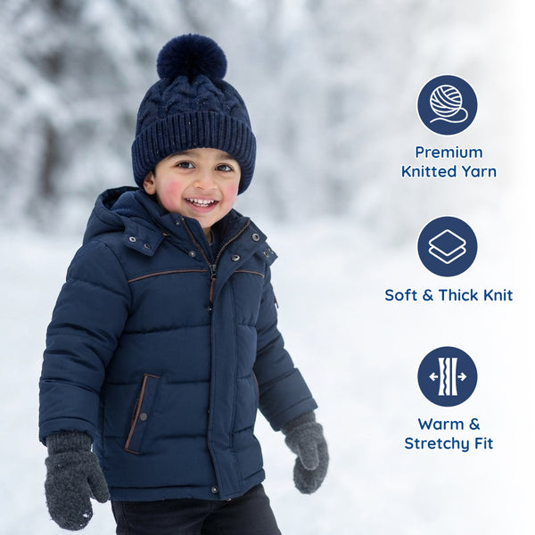 Kids Woolen Cap with Textured Pattern and Soft Pom Pom, Warm Winter Beanie with Folded Cuff for Boys & Girls (3-6 Years)